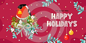 Happy holidays banner with bullfinch, fir tree and holly branch, cone on red background. Vector Christmas greeting card.