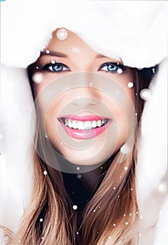 Happy holidays, beauty and winter fashion, beautiful woman wearing white fluffy fur coat, snowing snow as Christmas, New