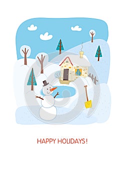 Happy holidays card design. Winter landscape.