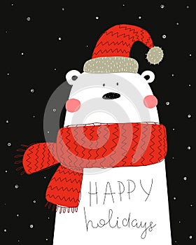 Happy holidays. Cartoon bear, hand drawing lettering, decor elements on neutral background. holiday theme. Colorful vector illustr