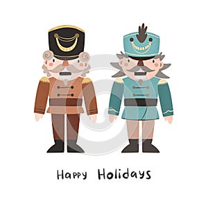 Happy holidays. Cartoon nutcracker, hand drawing lettering, dÃ©cor elements. holiday theme.