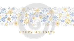 Happy Holidays festive design. Merry Christmas and Happy New Year border made of beautiful snowflakes