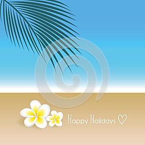 Happy holidays frangipani exotic flowers and palm leaf on beautiful beach summer background