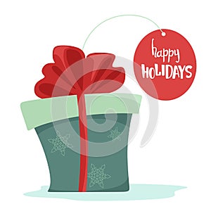 Happy holidays. Gift with tag and lettering. Vector isolate on a white background. Christmas.