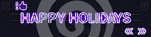 HAPPY HOLIDAYS glowing purple neon lamp sign on a black electric wall