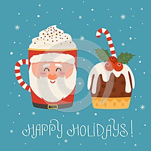 Happy holidays greeting card. Cup with Santa and Christmas pudding with lollipop on a background of snowflakes