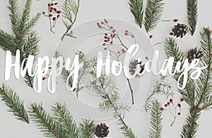 Happy holidays Greeting card. Happy holidays text handwritten on christmas fir branches, red berries and pine cones on white wood