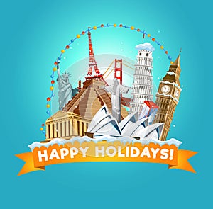 Happy holidays greeting card for travel agency or post card. Vector illustration