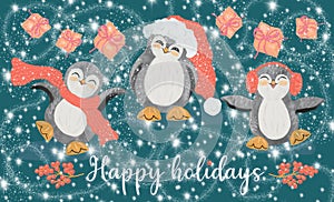 Cute snowy happy new year horizontal greeting card with playful baby penguins, winter holidays funny postcard