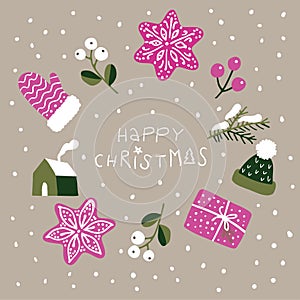 Happy holidays icons elements horizontalbanner card with stars, mistle toes and photo