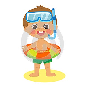 Happy Holidays. Isolated Happy Summer Boy Vector Flat Style. Cartoon Illustration Of Cute Child On The Beach.