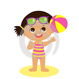 Happy Holidays. Isolated Happy Summer Girl Vector Flat Style. Cartoon Illustration Of Cute Child On The Beach.