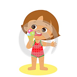 Happy Holidays. Isolated Happy Summer Girl Vector Flat Style. Cartoon Illustration Of Cute Child. Little Girl Eating Ice Cream.