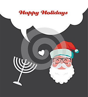 Happy holidays, jewish holiday menorah and Xmas Santa