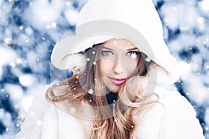 Happy holidays, lifestyle and winter fashion, beautiful woman wearing white fluffy fur coat, snowing snow in snowy