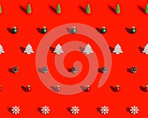 Happy holidays, Merry Christmas, New Year concept. Bright pattern with wooden toys, pine cone, colored Christmas balls