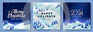 Happy Holidays, Merry Christmas and New Year greeting cards set with lettering and snowy mountain hillside forest