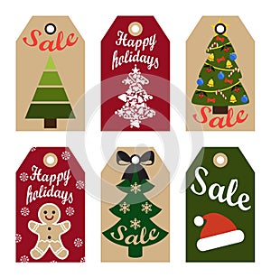 Happy holidays sale labels hanging promo stickers