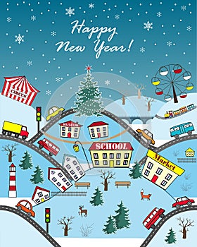Happy Holidays Seasonal Greeting Card. Winter hills city. Vector Illustration