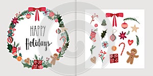 Happy Holidays set Christmas greeting card with winter wreath and seasonal elements