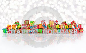 Happy holidays silver text on the background of varicolored gift