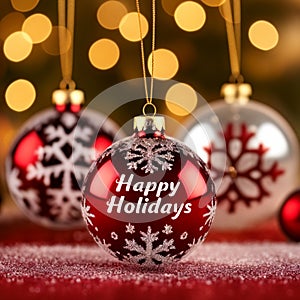 Happy Holidays Text with Christmas Evergreen Branches and Red Winter Holiday Berries in Corner