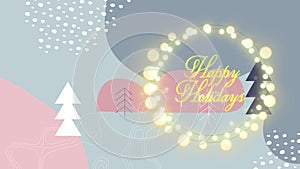 Happy holidays text and fairy lights against christmas tree icons, topography and abstract shapes