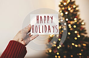 Happy Holidays text on greeting card on background of golden bea