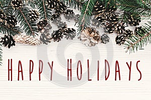 Happy Holidays text on modern christmas flat lay with green fir