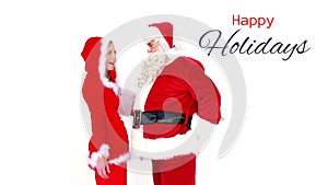 Happy Holidays text and Santa giving gift to woman