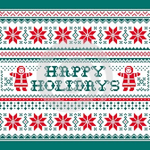 Happy Holidays vector greeting card pattern in red and greenbackground - Scandinavian knnitting, cross-stitch design