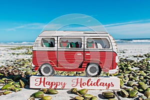 Happy Holidays VW bus sign on New Smyrna Beach, Florida photo