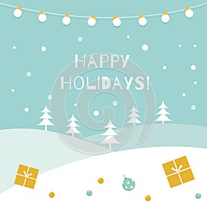 Happy Holidays Winter Background. Garland of Lights and Snow Landscape