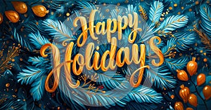 Happy Holidays written in golden script against a dark green fir tree backdrop, conveying warmth and festive cheer of the