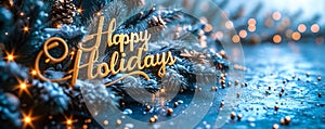 Happy Holidays written in golden script against a dark green fir tree backdrop, conveying warmth and festive cheer of the