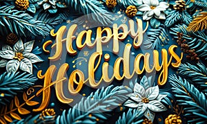 Happy Holidays written in golden script against a dark green fir tree backdrop, conveying warmth and festive cheer of the