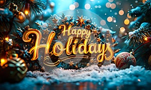 Happy Holidays written in golden script against a dark green fir tree backdrop, conveying warmth and festive cheer of the