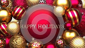 Happy holidays and Xmas, pictured as red and golden, luxury Christmas ornament balls with word Happy holidays to show the relation