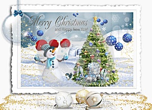 Happy Hollydays,The Christmas Card, Snowman, Christmas Tre, Chistmas gift, Ball, Merry Christmas, Happy new Year, Iilustracion photo