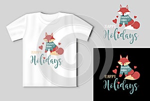 Happy Hollydays quote. Vector lettering for t shirt, poster, card. Merry Christmas concept with t-shirt mockup photo