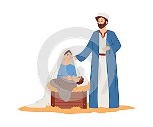 Happy holy family Joseph and Mary with newborn baby Jesus a vector illustration.