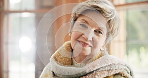 Happy, home and portrait of senior woman relax in a living room confident and on retirement break for comfort. Lounge