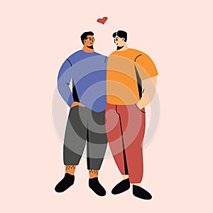 Happy homosexual couple. Cartoon characters gay people in love, pair of men hugging smiling. Doodle vector illustration