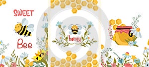 Happy Honey bee with wildflowers, glass jar honey with honeycomb, wildflowers, cute bee, sunflower, chamomile