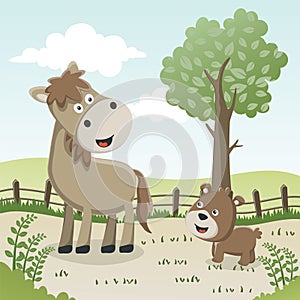 Happy horse and frend cartoon in the farm. Nature and country concept.