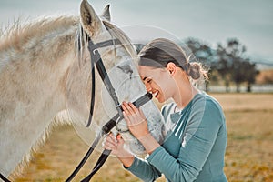 .Happy, horse and hug with woman in countryside for adventure, race and embrace. Relax, smile and equestrian with girl