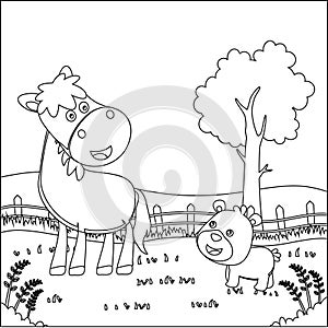 Happy horse and little bear cartoon in the farm with barn and green field. Nature and country concept. Creative vector Childish