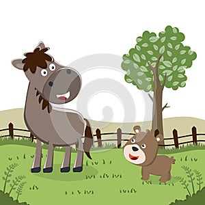 Happy horse and little bear cartoon in the farm with barn and green field. Nature and country concept. Vector childish background