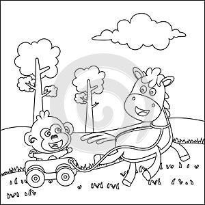 Happy horse and monkey cartoon in the farm with green field. Nature and country concept. Creative vector Childish design for kids