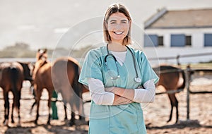 Happy horse vet, portrait and woman with arms crossed, care or smile for love, animal or nature at farm. Doctor, nurse